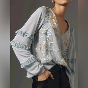 Tiny by Anthropologie Frances Long-Sleeve Ruffled Top embroider Size XS NWT‎